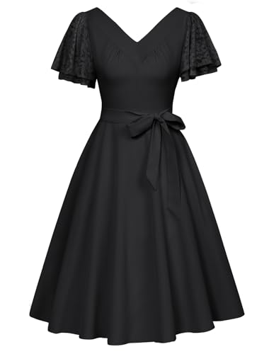 Damen Kleid Kurzarm Knielang Partykleid V-Ausschnitt A-Linie Freizeitkleid Elegant Schwarz XL