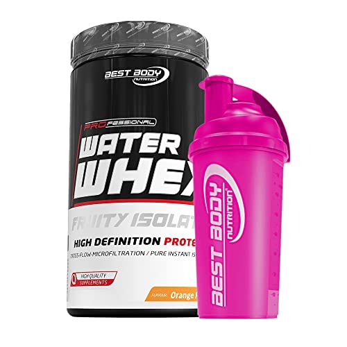 460 g Best Body Nutrition Water Whey Fruity Isolate (Orange Peach) Molkenprotein + Protein Shaker (pink)