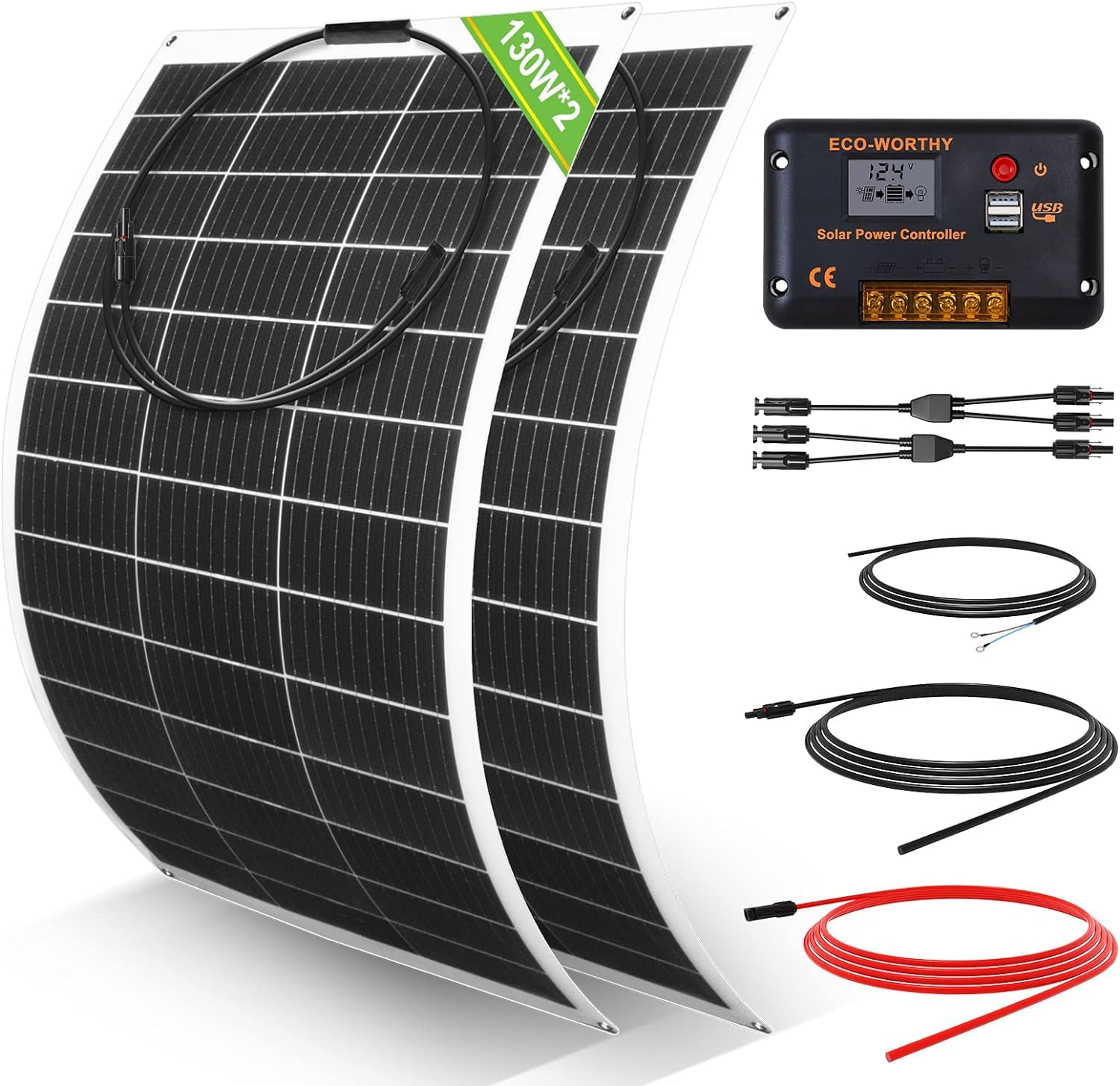 ECO-WORTHY 260 Watt 12 Volt flexibles Solarpanel Kit netzunabhängig Off Grid: 2 Stücke130W Solarpanel + 30A LCD-Display PWM-Laderegler + 5m Solarkabel für Wohnwagen, Wohnmobil, Boot, Kabine, Anhänger