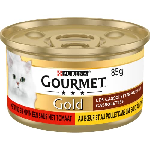 Gourmet Gold Cassolettes Katzenfutter, Nassfutter mit Rind und Huhn in Sauce mit Tomate - 24x85g - (24 Dosen; 2,04kg)