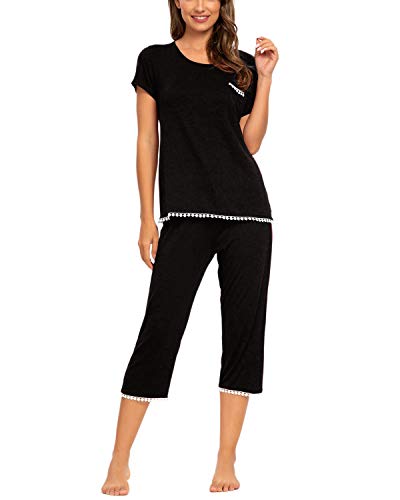 MINTLIMIT Kurzer Damen-Pyjama sommerlicher Schlafanzug luftige leichte komfortable für Sommer (Schwarz,Größe XXL)