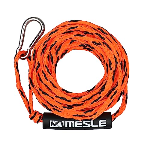 MESLE Schlepp-Leine 2P 50' für Wassersport Tubes und Schleppreifen, mit Schwimmer und Karabiner, Zug-Seil für 2 Personen Towable, Länge 15,2 m, Farbe:orange