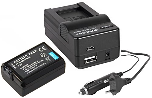 3in1-SET für die Sony Alpha 5000 / Alpha 6000 --- Akku (950mAh) + 4in1 Ladegerät (u.a. mit USB / micro-USB und Kfz/Auto) inkl. PATONA Displaypad