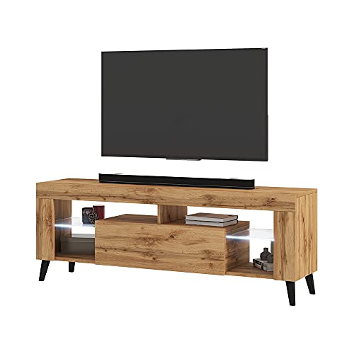 Selsey HugoB – TV-Lowboard, modernes TV-Sideboard mit Füßen und Glaseinlegeböden, 140 cm (Lancaster Eiche Matt, mit LED)