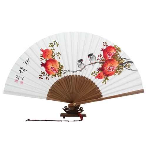 Hand Painted Folding Red Pomegranate and Bird Painting White Paper Bamboo Wooden Asian Oriental Wall Deco Korean Handheld Decorative Fan by Antique Alive Paper Fan