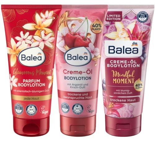 Balea 3er-Set Hautpflege: Parfum Bodylotion GLAMOROUS MOMENT Körpercreme mit orientalisch-blumigem Duft (200 ml) + Bodylotion CREME-ÖL Arganöl (200 ml) + Körperlotion MINDFUL MOMENT (200 ml), 600 ml