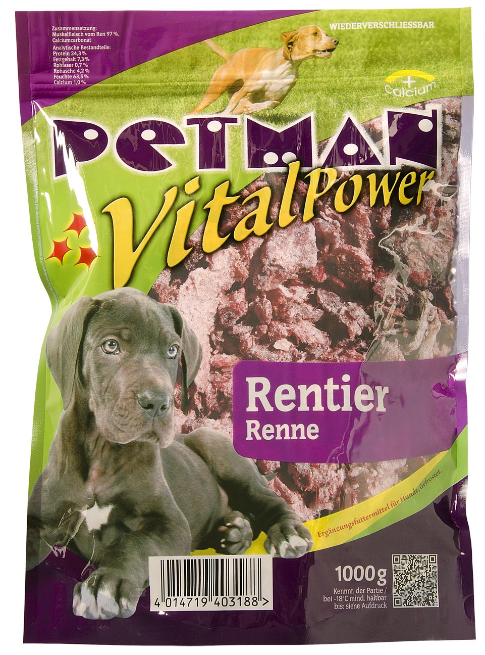 petman Vital Power Rentier, 6 x 1000g-Beutel, Tiefkühlfutter, gesunde, natürliche Ernährung für Hunde, Hundefutter, Barf, B.A.R.F.