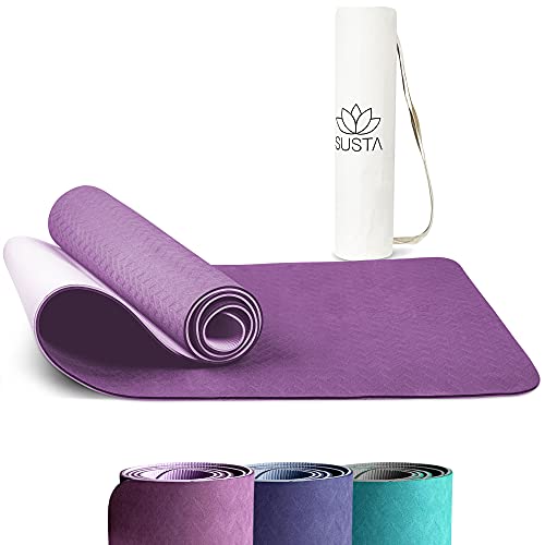 SUSTA – Premium Yogamatte rutschfest [183x61x0,6cm] – Gymnastikmatte schadstofffrei aus TPE&EVA Schaumstoff – Inklusive Tragegurt&Tragetasche (Lila)