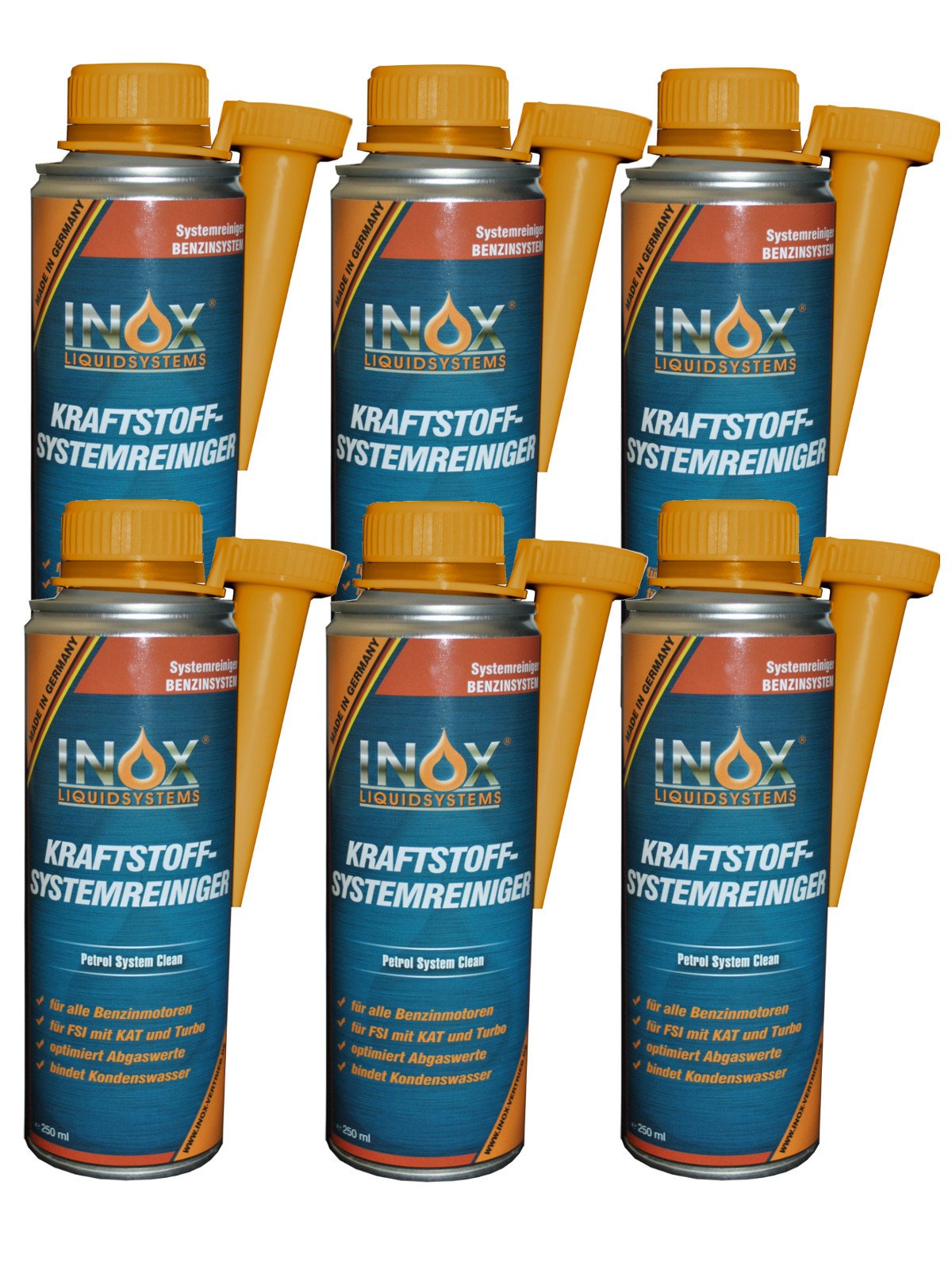 INOX® Kraftstoffsystem Reiniger, 6 x 250ml - Additiv für alle Benzinmotoren entfernt Verschmutzungen und erhöht Lebensdauer von Motoren