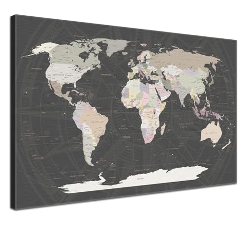 Weltkarte-Pinnwand als Leinwandbild zum pinnen der Reisen – „Weltkarte Grey” - Deutsch - Landkarten-Wandbild Globus in grau, 60 x 40 cm
