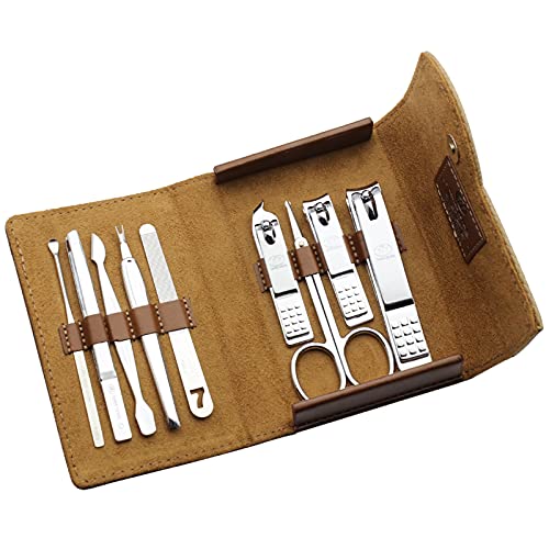 Maniküre Set Nagelknipser-Set for Damen und Herren, 9-teilig, tragbare Nagelpflege-Werkzeuge aus Edelstahl, mit braunem Leder-Reiseetui, ideales Geschenk Profi Nagelknipser Set