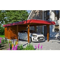 Skan Holz Carport Wendland Nussbaum + Anbau 362 x 870 cm EPDM-Dach Blende Rot