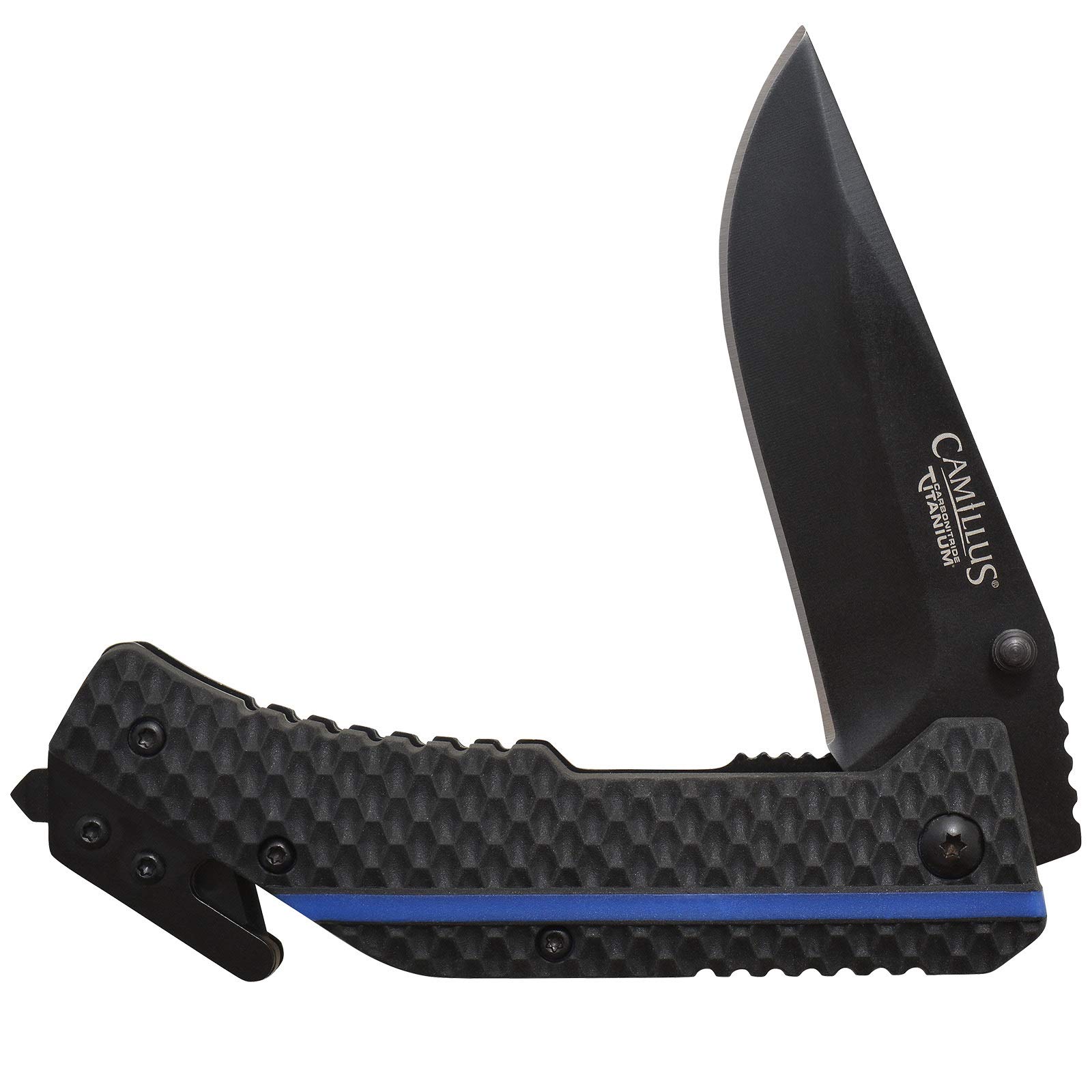 Camillus Unisex – Erwachsene Thin Blue LINE Klappmesser, Einhandmesser, Rettungsmesser, 8,3 cm Klinge, 440er Stahl, Carbonitride Titanium, TPE-Griff, schwarz/blau, 19653, 19,7cm