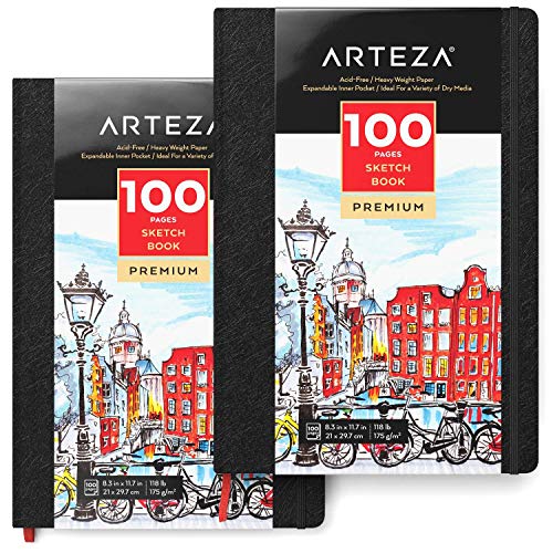 Arteza Hardcover Skizzenbuch A4, 2er-Pack mit jeweils 100 Seiten, schweres Zeichenpapier 175 g/m², Zeichenbücher zum Skizzieren, Malen und Zeichnen mit verschiedenen trockenen Malmedien