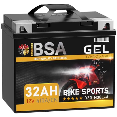 BSA Y60-N30L-A GEL Roller Batterie 12V 32Ah 410A/EN Motorradbatterie doppelte Lebensdauer entspricht 53030 vorgeladen auslaufsicher wartungsfrei ersetzt 28Ah 30Ah
