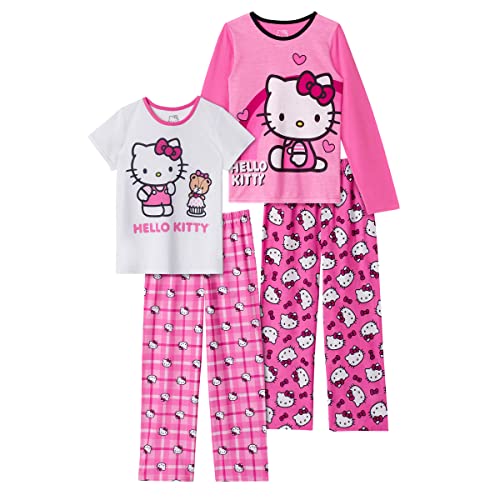 Hello Kitty Girls Pajama Pants and Sleep Shirt Sets 4 Piece PJ Top and Bottom Sleepwear Set for Girls Pajamas for Kids Pink