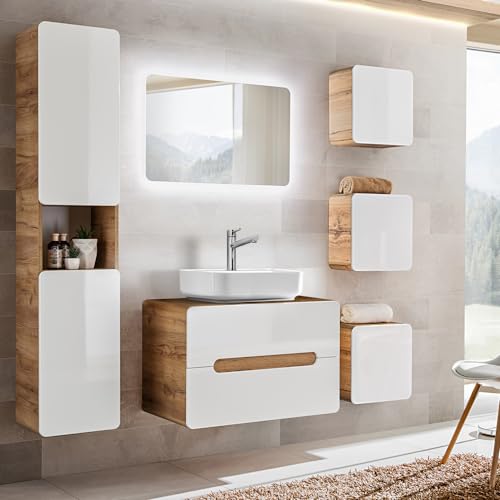 Lomadox Badezimmermöbel Set in Hochglanz weiß mit Wotaneiche, Keramik-Waschtisch mit Unterschrank, LED-Spiegel