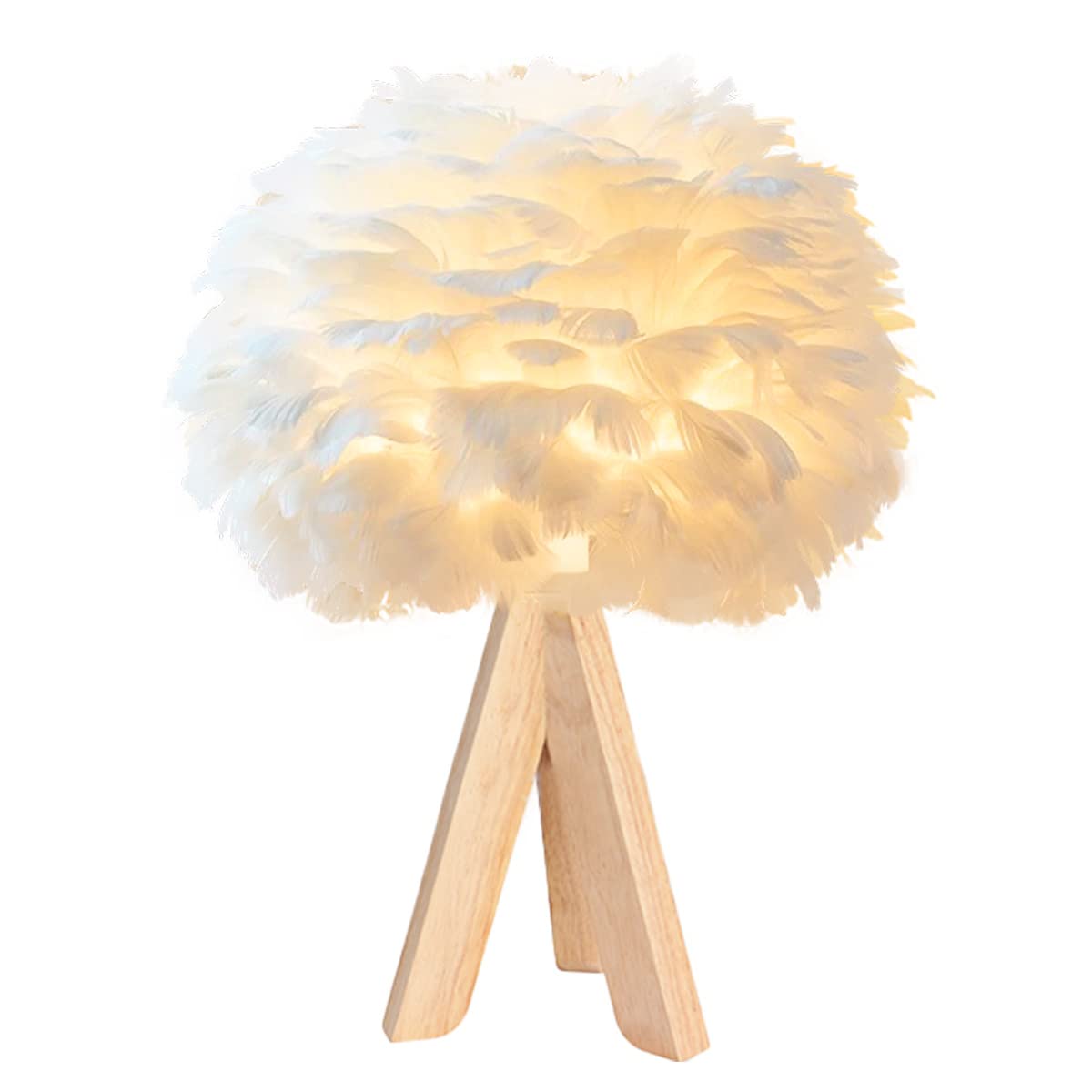 Weiße Feder Tischlampe Nachttischlampe mit Holzständer Licht Luxus Feder dekorative Lampe Nachtlicht Feder Lampenschirm Licht für Schlafzimmer, Wohnzimmer