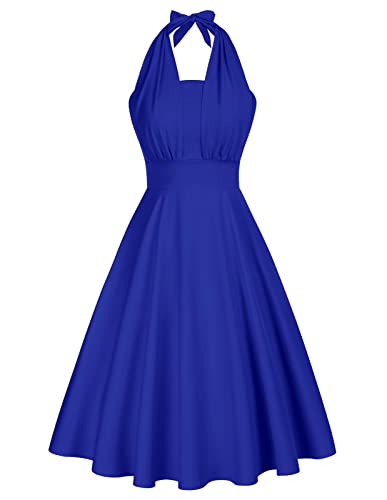 Damen Kleid Midi A-Linie Festlich Abendkleid Rockabilly Neckholder Partykleid Sommer Blau M