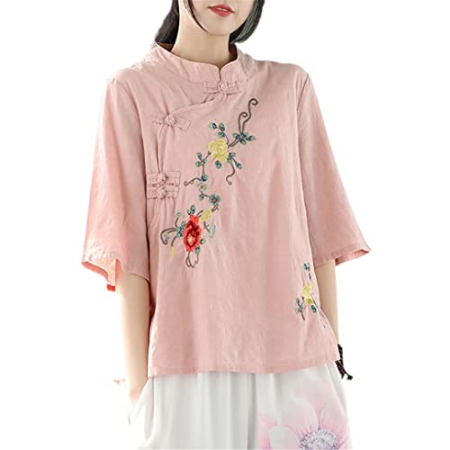 Sommer-Stickerei-Hemd-Frauen-chinesische traditionelle lose Knopf-Oben Bluse Tang-Hanfu-Kurzarm-T-Shirt Pink M