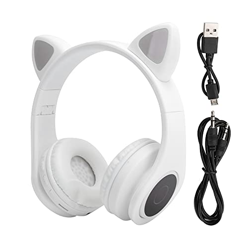 Yunseity Katzenohr-Kinder-Bluetooth-Kopfhörer mit Mikrofon, LED-Beleuchtung für Kinder-Kopfhörer, TF-Unterstützungskarte, über Dem Ohr Faltbares Kinder-Headset für Mädchen, Jungen, Erwachsene(Weiß)