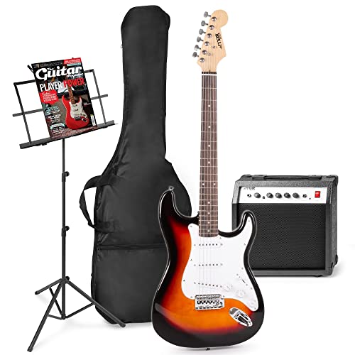 MAX GigKit E-Gitarre Set - Gitarrenverstärker 40 Watt, Electric Guitar, Notenständer, Gitarrentasche, Stimmgerät, Instrumentenkabel, Gitarrengurt und Zubehör - Sunburst