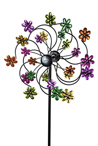 Formano - Windrad für den Garten aus Metall - Windräder Windspiel Windmühle doppelt mit Blumen - 124cm Groß