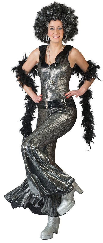 Funny Fashion Disco Doll Anzug für Damen Gr. 32 34 - Toller 70er Jahre Disco Love Anzug für Damen Schwarz Silber