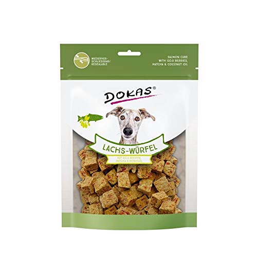 DOKAS Lachs-Würfel - Premium Superfood-Snack für Hunde aus Lachs - Mit Goji Beeren, Matcha & Kokosöl - 1 x 150 g