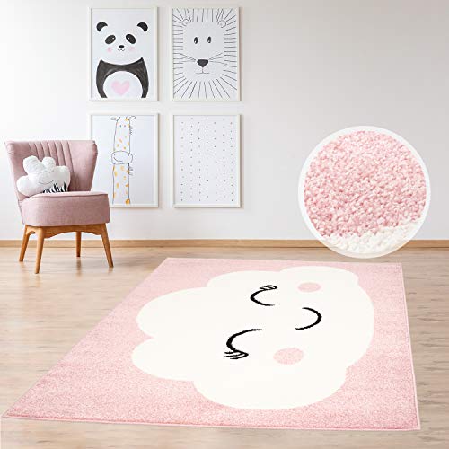 MyShop24h Kinderteppich Teppich Flachflor 160x225cm Pastell Pink Spielzimmerteppich mit fröhlicher Wolke für das Kinderzimmer (Mädchen & Jungen)