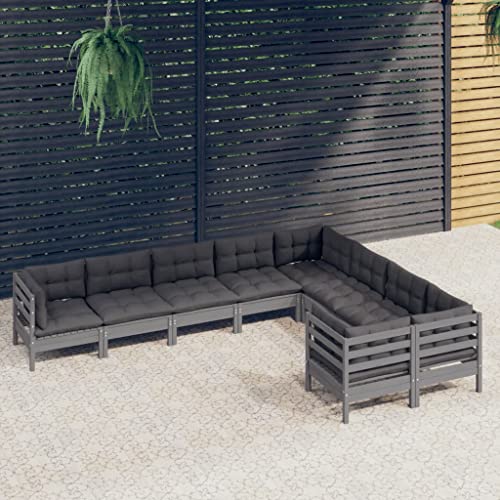 ZQQLVOO Lounge Sessel Terrassenmöbel Terassenmöbel Außen9-tlg. Garten-Lounge-Set mit Kissen Grau Kiefernholz