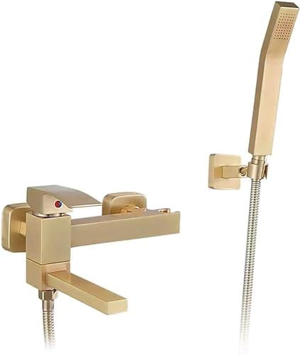 JQFDD Bath Tap Brushed Gold Bath Tap with Hand Shower, Rotatable Bath Mixer Wall Mount Brass Bathtub Tap Single Lever Bath Mixer for Bathroom