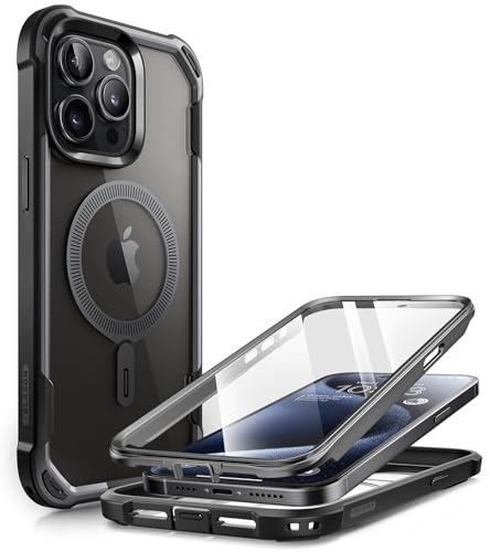 i-Blason Ares Mag Hülle für iPhone 15 Pro (6.1") 2023, Kompatibel mit MagSafe, Bumper Case Transparent Handyhülle Robust Schutzhülle Cover mit integriert Displayschutz, Schwarz