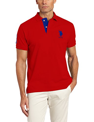 U.S. POLO ASSN. Herren Kurzarm Poloshirt mit Applikation, Motor Rot/International Blue, Groß