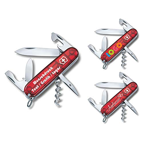 Victorinox Taschenmesser Spartan mit Wunschdruck auf der Schale I Geschenk für Männer Frauen I zum Geburtstag I Schweizer Taschenmesser personalisiert mit 12 Funktionen 1.3603 (rot transparent)