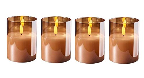 Hochwertige LED Adventskerzen im Glas - 4er Kerzenset/Sparset - Timer - Realistisch Flackernd - Kerze Weihnachten/Weihnachtskerzen/Adventskranz (Amber, Klein - Höhe 10cm / Ø 7,5cm)