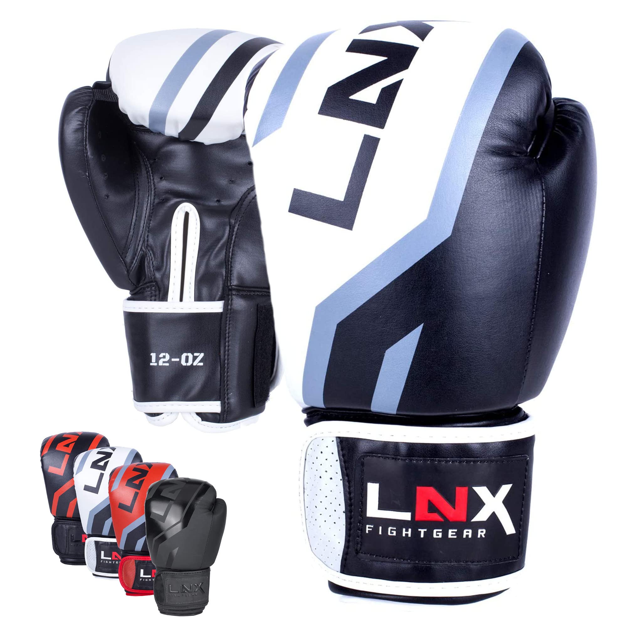 LNX Boxhandschuhe Level 5" - 8 10 12 14 16 Oz - perfekt für Kickboxen Boxen Muay Thai K1 MMA Kampfsport UVM Black/White (003) 10 Oz