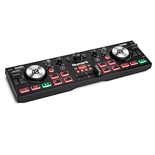 Numark DJ2GO2 Touch - Kompakter, 2-Deck USB DJ-Controller für Serato DJ mit Mixer/Crossfader, Audio Interface und Touch-kapazitiven Jogwheels
