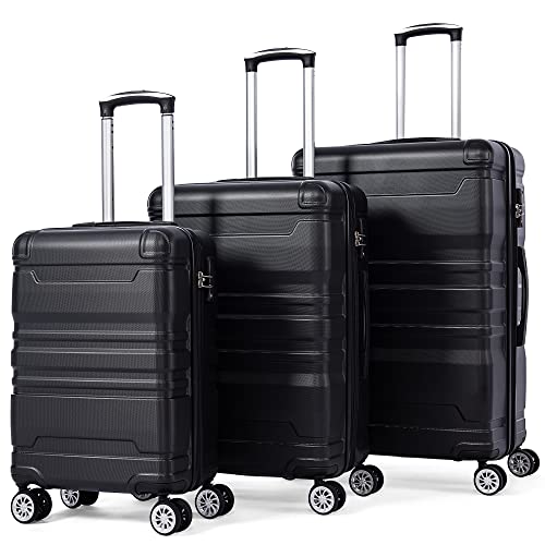 Hartschalen-Handgepäck | Koffer mit TSA-Schloss und Universalrad | Erweiterbar | Seitengriff (Schwarz,3-teiliges Set)