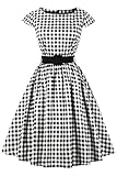 Axoe Damen Audrey Hepburn Kleid 50er Jahre Rockabilly mit Gürtel Karierter Weiß Gr.36