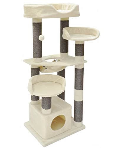 nanook Kratzbaum für Katzen groß 165 x 65 x 60 cm hoch - 11 cm Ø stabile graue Kratzstämme - standfest - XXL Liegeplatz - beige