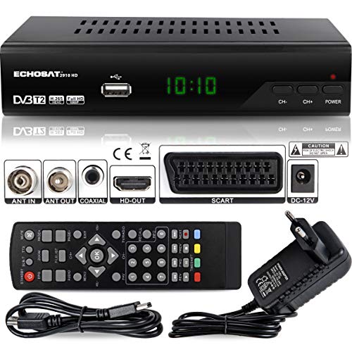 hd-line 2910 DVBT2 Receiver Full HD 1080P 4K für TV ( HEVC/H.265 HDMI SCART, USB 2.0 , DVBT-2 , DVB-T2 , DVB T2 , DVBT 2 ), Reciver , Resiver, Empfänger , Schwarz, Echosat 20910 S, 2910echo