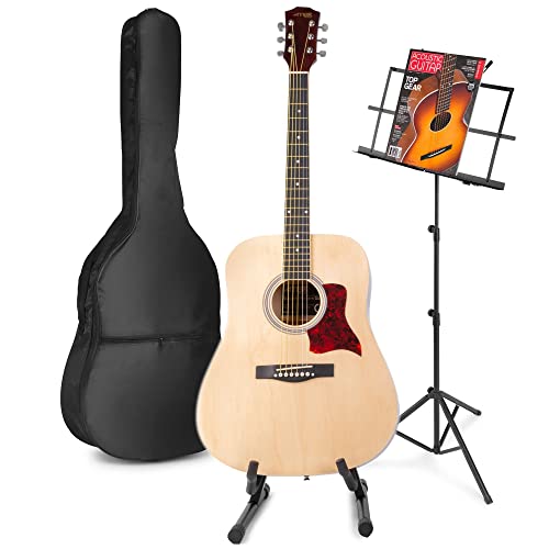 MAX SoloJam Akustik Gitarre Set - Westerngitarre, Gitarrenständer, Notenständer, Gitarrentasche, Plektrum, Gitarrenstimmgerät, Saiten, Gitarren-Starterset mit Zubehör - Natur