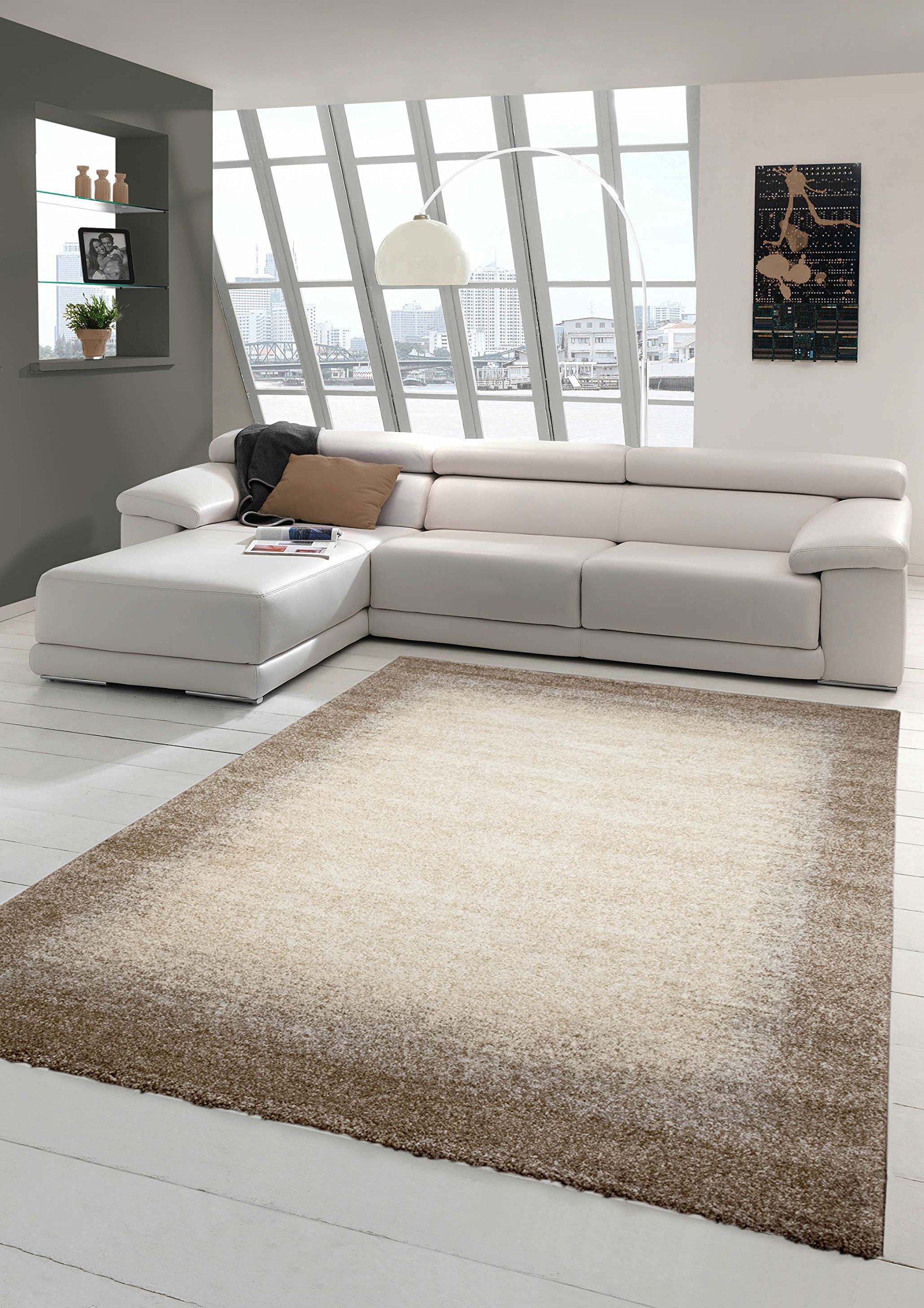 Designer Teppich Moderner Teppich Wohnzimmer Teppich Kurzflor Teppich Barock Design Meliert mit Bordüre in Braun Beige Creme Größe 80x150 cm