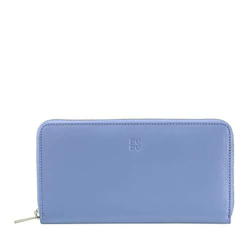 DUDU Große Bunte Damenbrieftasche RFID in echtem Leder mit Rundum - Reißverschluss Pastellblau