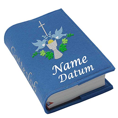 Gotteslob Gotteslobhülle Hülle Kelch blau Filz mit Namen bestickt Einband Umschlag personalisierte Gesangbuchhülle, Farbe:blau