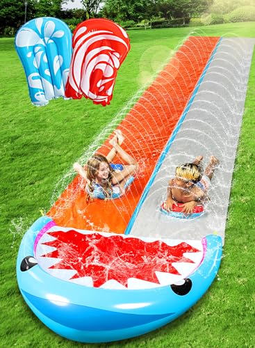 SLOOSH 640 cm Rutsche und Rutsche 2 Personen Deluxe Wasserrutschen mit 2 Boogie Boards Hinterhof Outdoor Wasserrutsche 2 Schiebe-Rennbahnen mit Sprinklern Sommer Spielzeug
