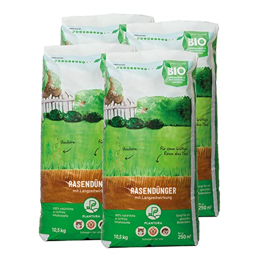 Plantura Bio-Rasendünger 4er Set je 10,5kg mit 3 Monate Langzeit-Wirkung, ideal im Frühjahr und Sommer, Dünger gegen Moos, staubarmes Granulat, unbedenklich für Haustiere