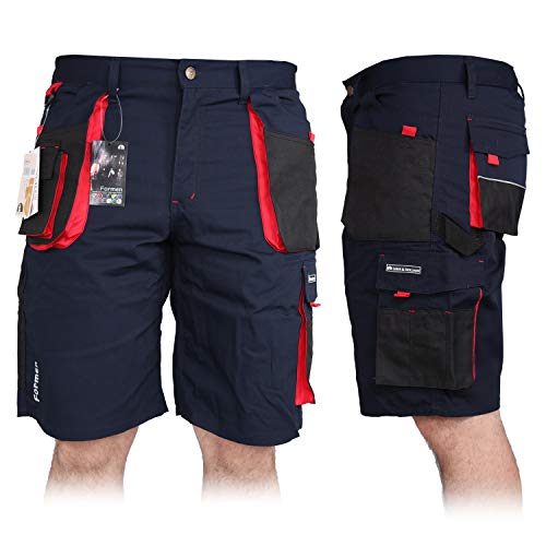 Kurze Arbeitshose für Herren, Bermuda Shorts Sommerhose Sicherheitshose Schutzhose Arbeitsbekleidung Sommer, Blau-Schwarz-Rot, M