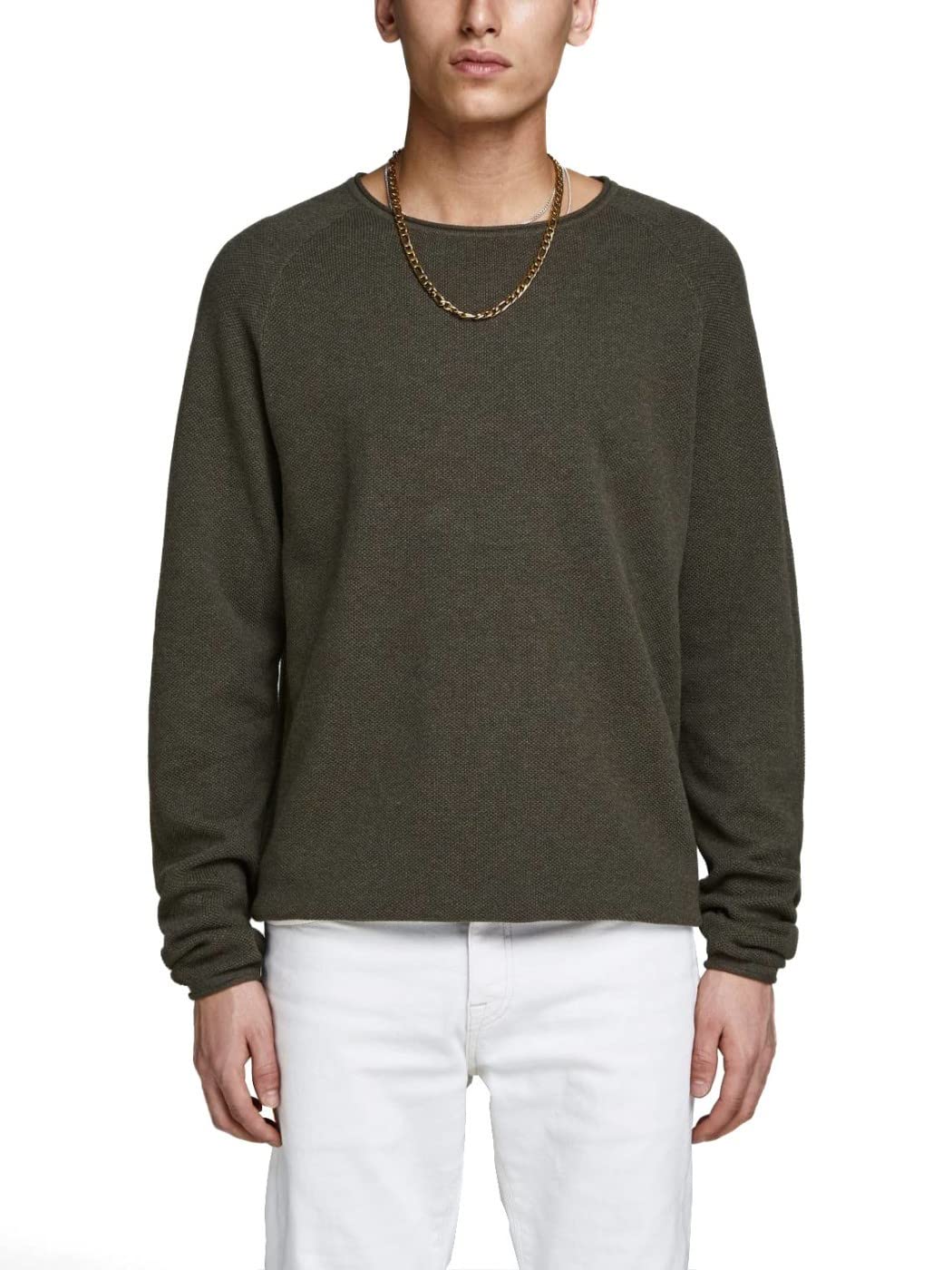 JACK & JONES Herren Strickpullover Rundhals Basic Langarm Sweater Baumwolle Shirt JJEHILL, Farben:Olive,Größe Pullover:XS